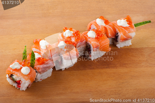 Image of Closeup japanese sushi on wooden plate