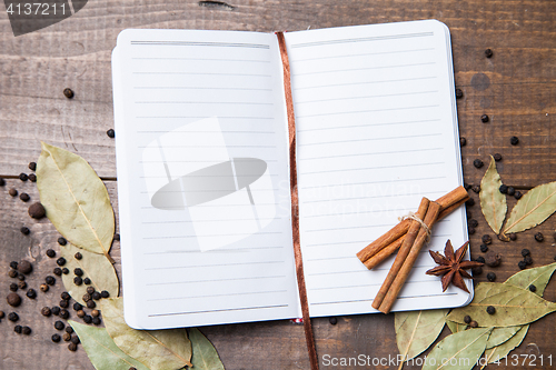 Image of paper for recipes and spices on wooden table