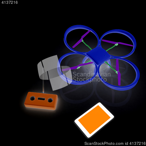 Image of Drone, remote controller and tablet PC