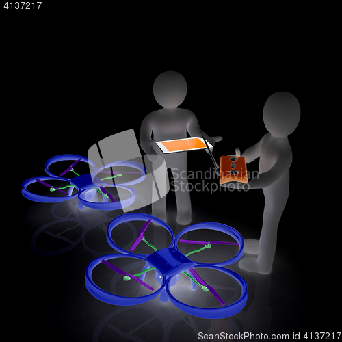 Image of 3d white people. Man flying a white drone with camera. 3D render