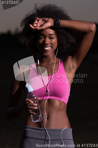 Image of african american woman jogging in nature