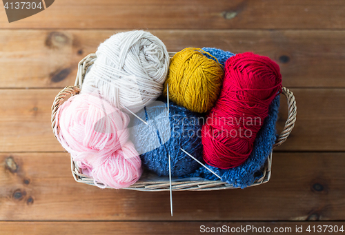 Image of basket with knitting needles and balls of yarn