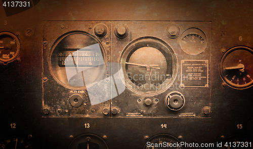 Image of Different meters and displays in an old plane