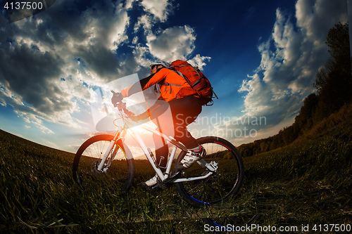 Image of biker in orange jersey riding on green summer field