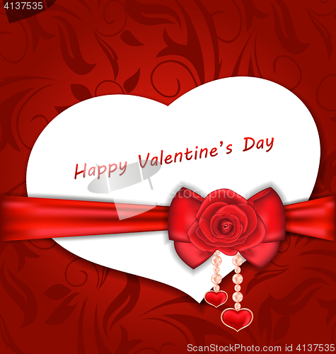 Image of Celebration Card Heart Shaped with Silk Bow and Red Rose for Val