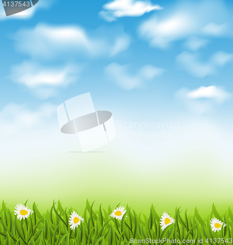 Image of Spring natural background with blue sky, clouds, grass field and