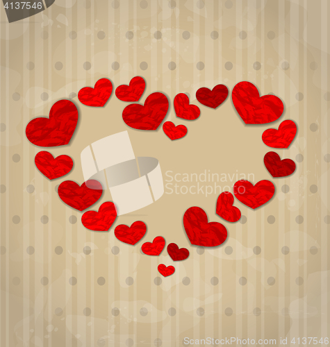 Image of Vintage background with frame made in crumpled paper hearts for 