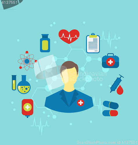 Image of Doctor with flat medical icons for web design 