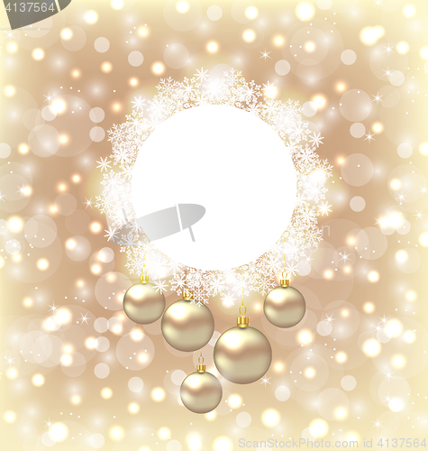 Image of Christmas round frame made in snowflakes and golden balls on bei