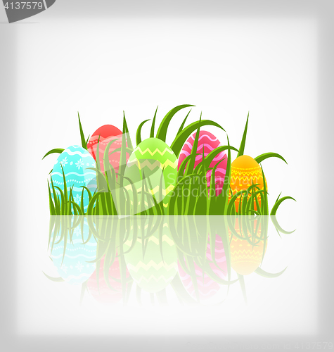 Image of Easter natural background with traditional colorful eggs in gras