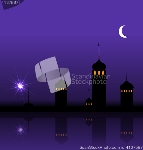 Image of Ramadan Kareem Night Background with Silhouette Mosque and Minarets