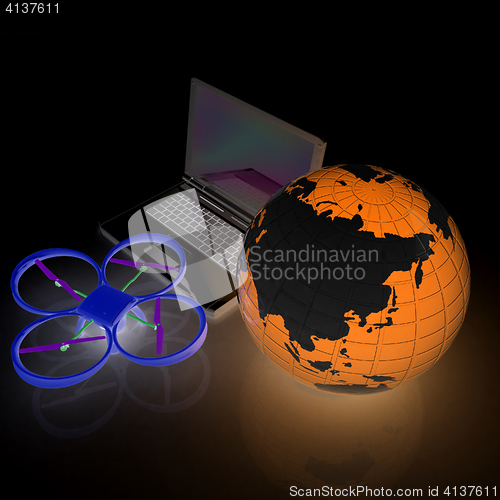 Image of Drone or quadrocopter with camera with laptop. Network, online, 