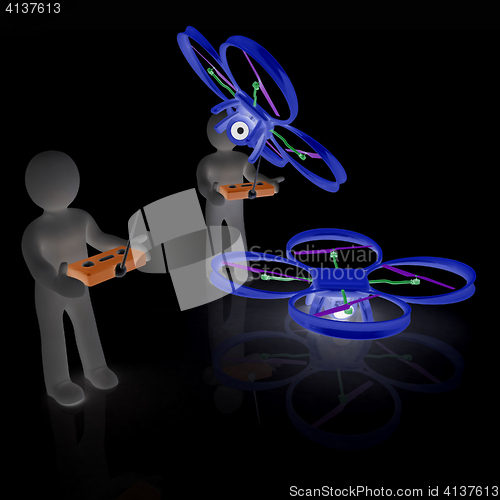 Image of 3d man with drone, quadrocopter, with photo camera. 3d render. 3