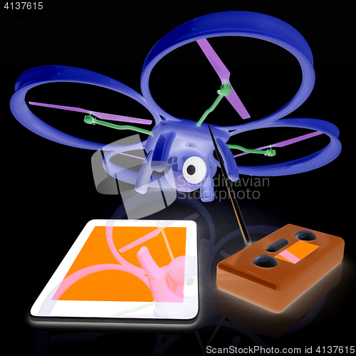 Image of Drone, remote controller and tablet PC