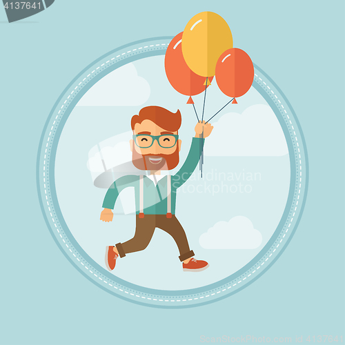 Image of Businessman flying up away on bunch of balloons.