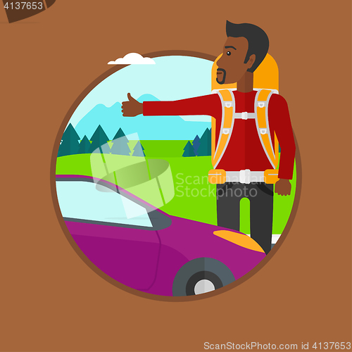 Image of Young man hitchhiking vector illustration.