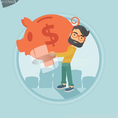 Image of Businessman carrying big piggy bank.