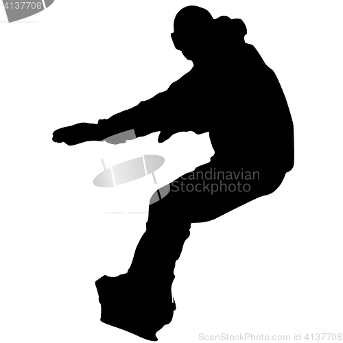 Image of Black silhouettes snowboarders on white background.