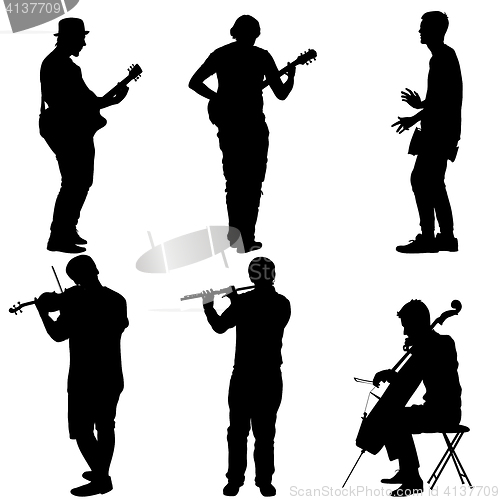 Image of Silhouettes street musicians playing instruments. illustration