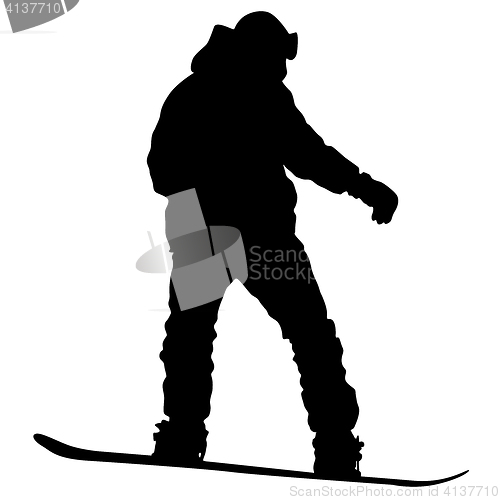 Image of Black silhouettes snowboarders on white background.