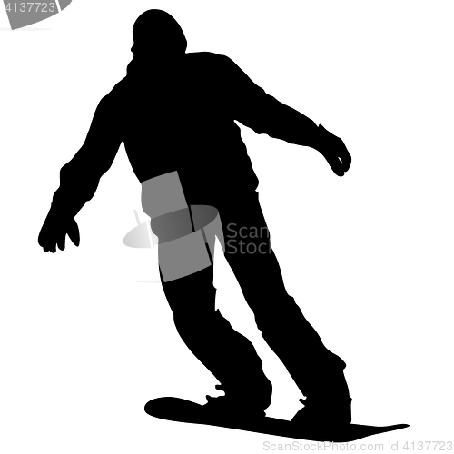 Image of Black silhouettes snowboarders on white background.