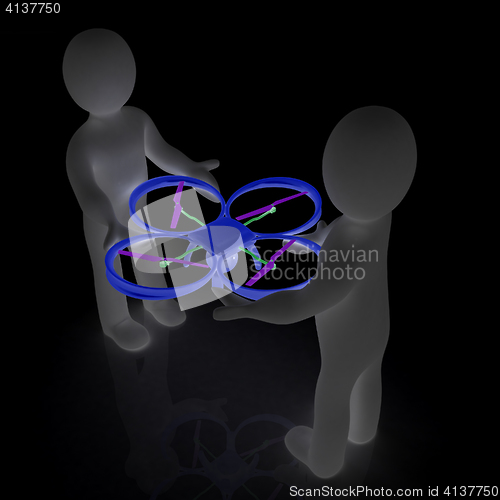 Image of 3d man with drone, quadrocopter, with photo camera. 3d render. 3