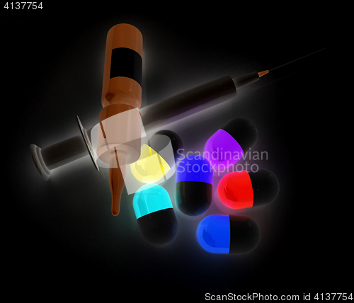 Image of Syringe, tablet, pill jar. 3D illustration