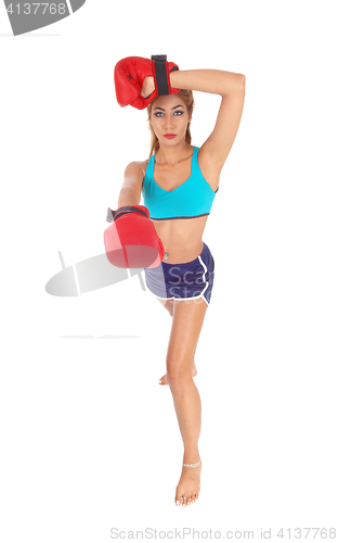 Image of Boxing woman sweating.