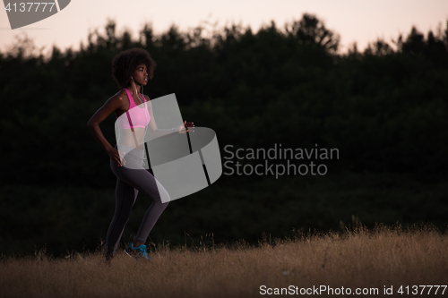 Image of Young African american woman jogging in nature