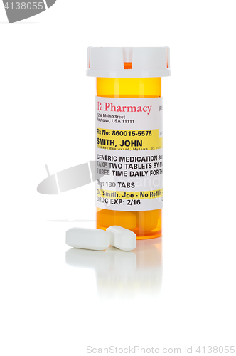 Image of Non-Proprietary Medicine Prescription Bottle and Pills Isolated 