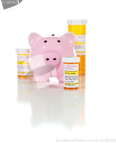 Image of Piggy Bank and Non-Proprietary Medicine Prescription Bottles Iso