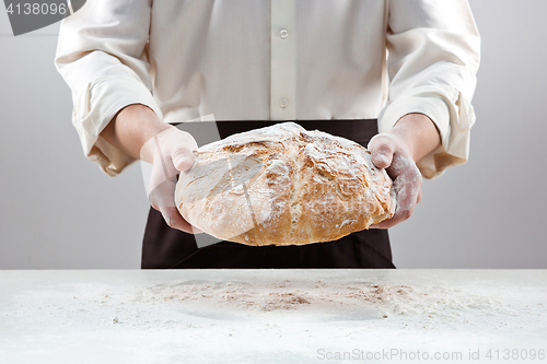 Image of Baker man holding rustic organic loaf of bread in hands