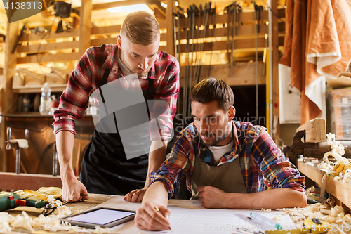 Image of workmen with tablet pc and blueprint at workshop