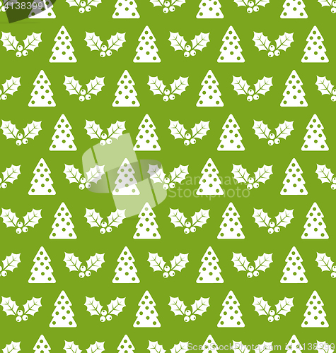 Image of Seamless Christmas pattern fir tree and holly berry