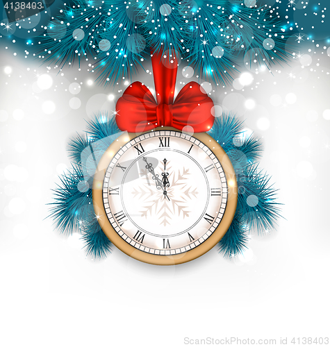 Image of New Year Midnight Background with Clock and Fir Twigs