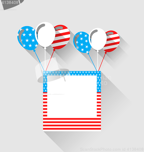 Image of Photo frame and balloons in US national colors, long shadow styl