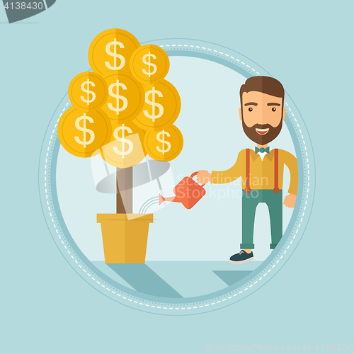 Image of Man watering money tree vector illustration.