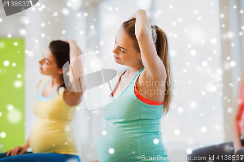 Image of happy pregnant women exercising in gym