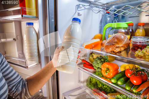 Image of Woman takes the milk from the open refrigerator