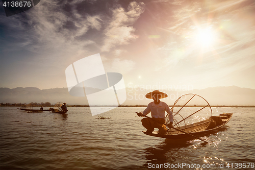 Image of  Traditional Burmese fisherman at Inle lake, Myanmar