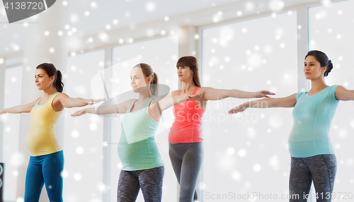 Image of happy pregnant women exercising in gym