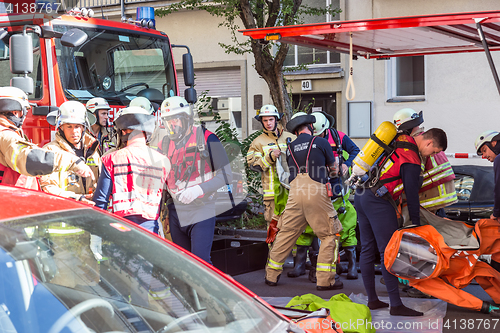 Image of Firefighters getting ready to intervene on chemical accident location.