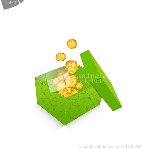 Image of Open cardboard box  with golden coins for St. Patrick\'s Day, iso