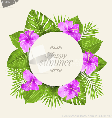 Image of Vintage Card with Purple Hibiscus Flowers and Green Tropical Leaves