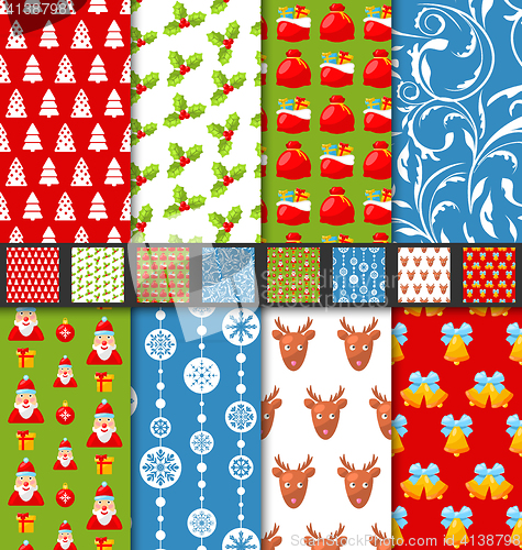 Image of Set seamless christmas pattern santa stag toys snowflakes