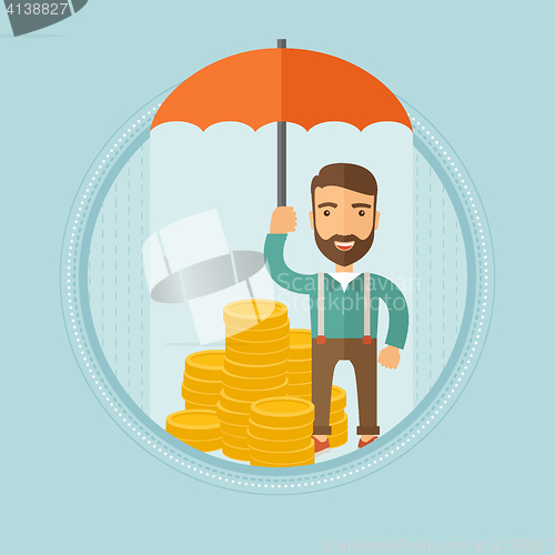 Image of Businessman with umbrella protecting money.