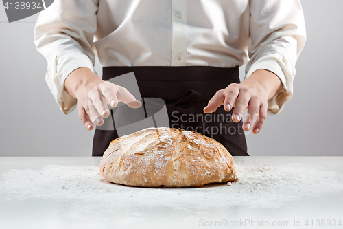 Image of The male hands and rustic organic loaf of bread