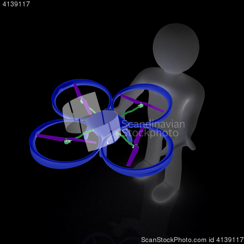 Image of 3d man with drone, quadrocopter, with photo camera. 3d render. 3