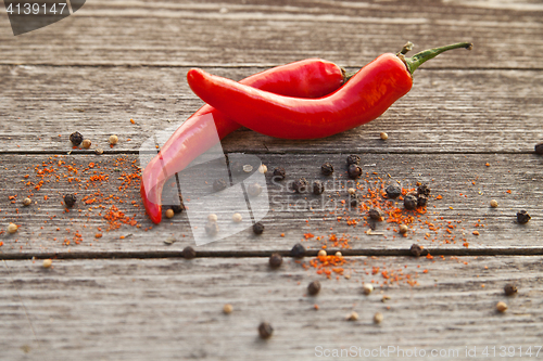 Image of Red hot chili peppers on wood