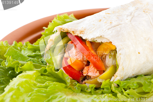 Image of burrito with salmon, peppers and tomato